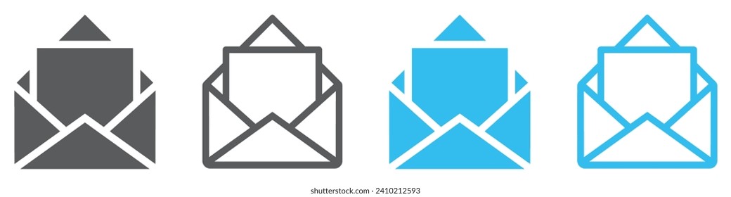 Set of mail envelope icons. Email symbol, newsletter sign, open email address. Open envelope pictogram, mail services. Vector.