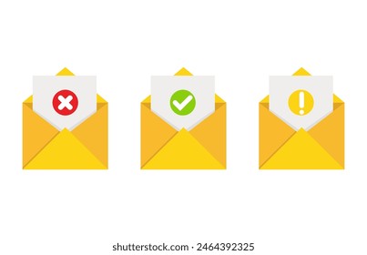 Conjunto de cartas sobre correo con sombra. Aprobado, rechazado, mensaje de advertencia. Ilustración vectorial
