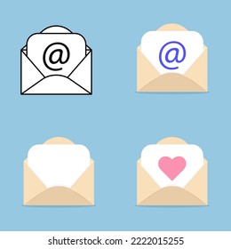 Set of mail envelopes - empty, with heart and mail symbol. Vector illustration
