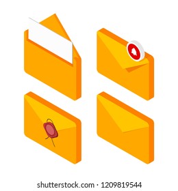 Set of mail envelopes in isometric style on a white background. Collection of yellow mailing sing. Vector illustration