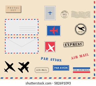 Set of Mail Envelopes, Post/Postage Stamps, Postal Element. Vector Illustration.