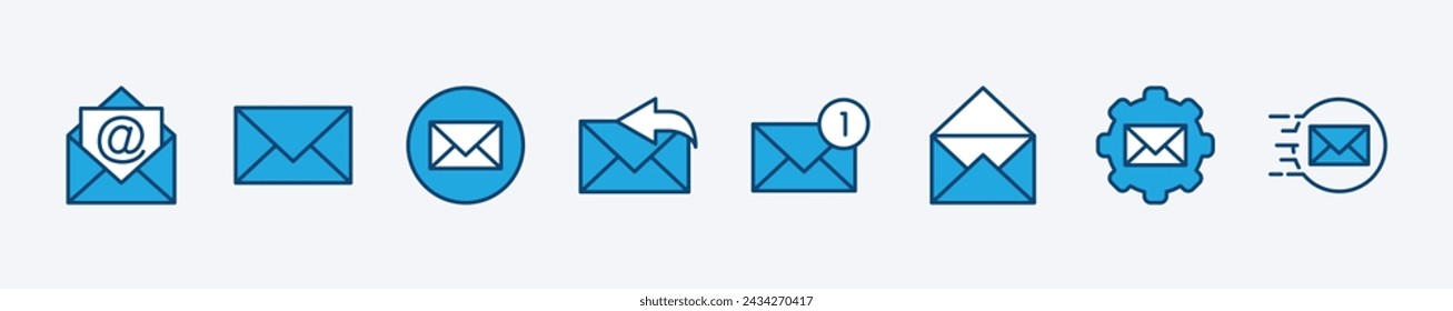 Set of mail icon. Email, E-mail, envelope sign and symbol. Containing inbox, sent, reply, notification, settings, fast response, button, read, and receive for app and website. Vector illustration