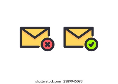 Set of mail icon with green tick check mark and red cross mark. Technology, notification, send message concepts. Colored outline vector design illustration.