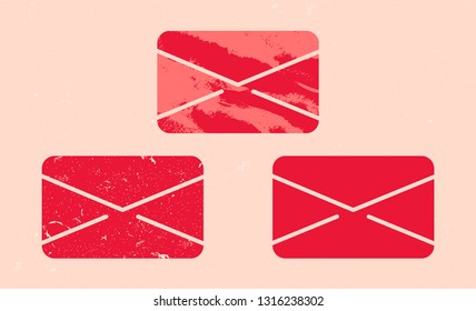 Set of mail icon in grunge texture. Silhouette of symbol in vintage style. Vector illustration