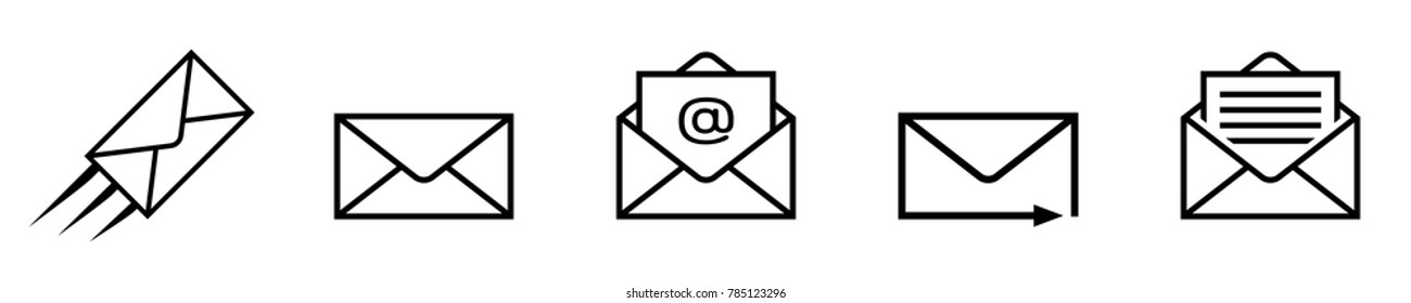Set mail icons. Mail delivery symbols. Letter in envelope. Set of email signs. Sending message Icons collection isolated on white background. Vector illustration. Flat design style.