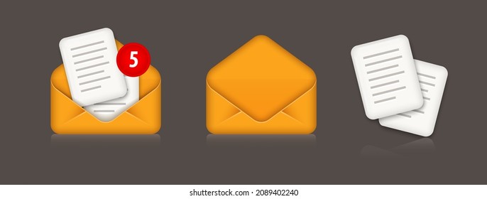 Set of Mail icons of envelopes with new mail inside. App graphic element design yellow envelope with red one message received marker. Envelope sign on dark background. Vector illustration.