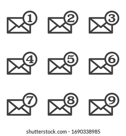 Set of mail icons with an indicator of the number of messages. Linear design. Isolated vector on a white background.