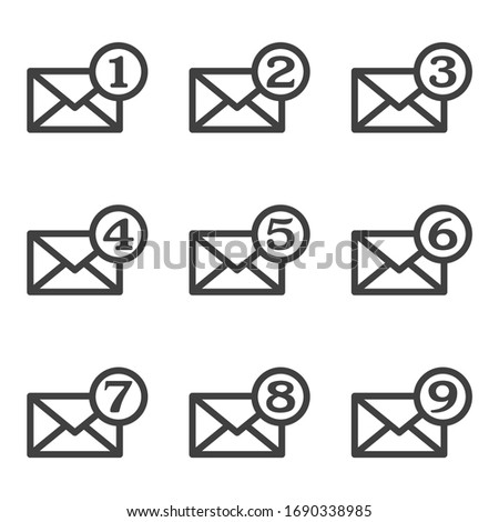 Set of mail icons with an indicator of the number of messages. Linear design. Isolated vector on a white background.