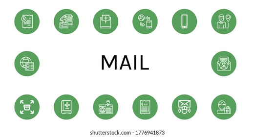 Conjunto de iconos de correo. Como Bill, Publicidad, Comunicación, Lámpara de papel, Entrega, Envío, Libro de Medicina, Sitio Web, Correo Electrónico, Entrega, Contáctenos , Iconos de correo