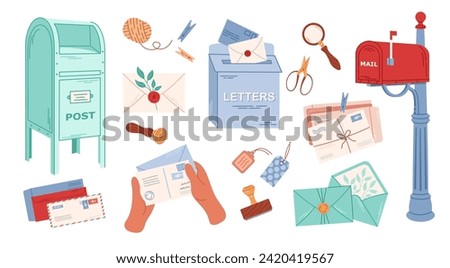 Set of mail items. Sealing wax, postal envelopes and cards. Different postboxes. Delivery, message, communication concept. Isolated vector illustration.