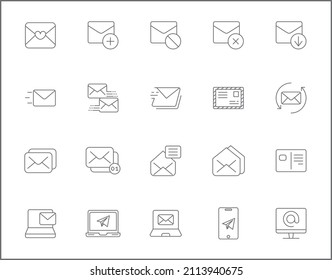 Set of mail and letter icons line style. It contains such Icons as Envelope, e-mail, Mailbox, essential, contact, newsletter, subscribe and other elements.