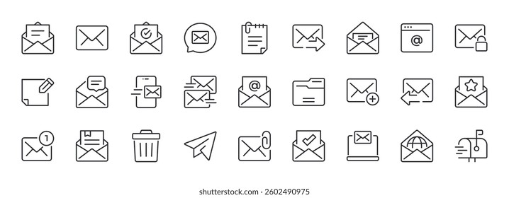 Set of Mail Line Icons. E-Mail, Envelope, Mailbox, Trash. Editable Stroke. Pixel Perfect.