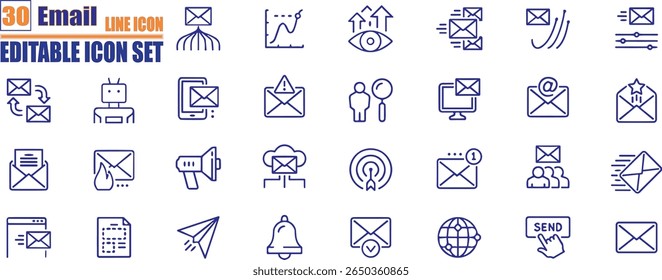Set of Mail Line Icons. E-Mail, Envelope, Mailbox, Message. Editable Stroke.