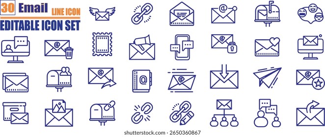 Set of Mail Line Icons. E-Mail, Envelope, Mailbox, Message. Editable Stroke.