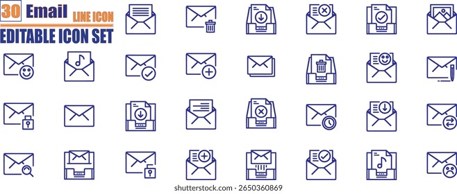 Set of Mail Line Icons. E-Mail, Envelope, Mailbox, Message. Editable Stroke.