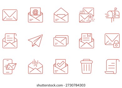 Set of Mail Line Icons. E-Mail, Envelope, Mailbox, Message. Editable Stroke. Pixel Perfect.