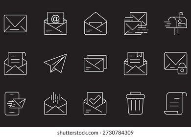 Set of Mail Line Icons. E-Mail, Envelope, Mailbox, Message. Editable Stroke. Pixel Perfect.