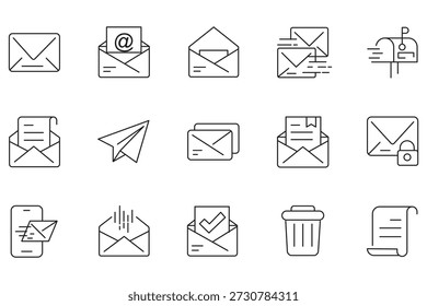 Set of Mail Line Icons. E-Mail, Envelope, Mailbox, Message. Editable Stroke. Pixel Perfect.