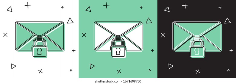 Set Mail message lock password icon isolated on white and green, black background. Envelope with padlock. Private, security, secure, protection, privacy.  Vector Illustration