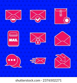 Set Mail message lock password, Express envelope, Envelope, Speech bubble chat, box, setting and Delete icon. Vector