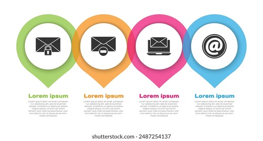 Set Mail message lock password, Delete envelope, Laptop with envelope and Mail and e-mail. Business infographic template. Vector