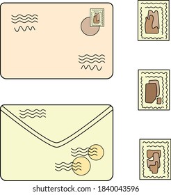 A set of mail packages and emails. Top view, vector illustrations isolated on a brown background. Flat cartoon doodle style.