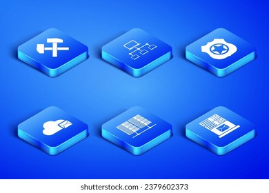 Set Mail server, Two crossed hammers, Server, Data, Web Hosting, Cloud mail, Computer network and Police badge icon. Vector