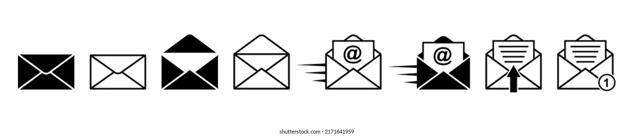 Mit E-Mail-Vektorsymbol eingestellt. Postsymbol. Öffnen Sie die Nachricht per E-Mail. Webumschlag erhalten. Schicken Sie einen Brief zur E-Mail. Neue Nachricht.