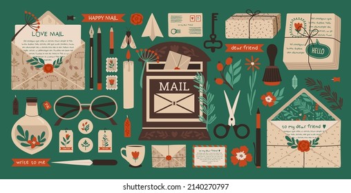Set of mail vintage elements located on green background. Illustrations of envelopes with mail, mailbox, labels, text, ribbon, pen, pencil, postmarks, key, plants, post office with text.