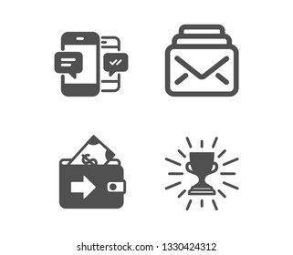 Set of Mail, Wallet and Smartphone sms icons. Trophy sign. New messages, Money payment, Mobile messages. Winner cup.  Classic design mail icon. Flat design. Vector
