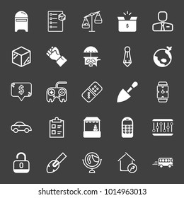 set of mailbox, checklist, law scale, box, employer, hand, ice cream, tie, world travel, dollar, joystick, domino, watch, car, shop, equalizer, unlock, shovel, globe vector icon