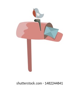 Set of mailbox, letters and birds on a white background. In a minimalistic cartoon style. Vector illustration.
