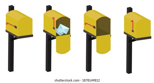 A set of mailboxes with a closed door, a raised flag, with an open door and letters inside. 3d illustration of yellow mailbox with envelope, isolated on white background.