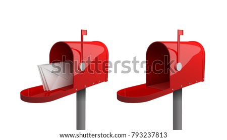 A set of mailboxes with a closed door, a raised flag, with an open door and letters inside. 3d illustration of red mailbox with envelope, isolated on white background. Realistic vector illustration.