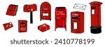 A set of mailboxes for letters with parcels and letters in red. It is ideal for a scrapbook, a set of stickers, tags. A vector illustration drawn by hand. Black red white flat vector isolated