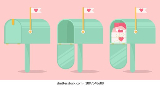 A set of mailboxes for sending Valentines. Mailboxes for sending love letters. Vector concept for Valentine's Day on pink background