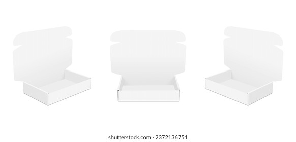 Set of Mailing Cardboard Boxes With Various Views, Opened Lid, Isolated On White Background. Vector Illustration