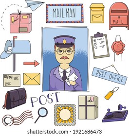 Set of mailman icons and more. Mail, post, letter, stamp, postman's bag, tag. Vector illustration depicting a postman. Editable vector icons on a white background.