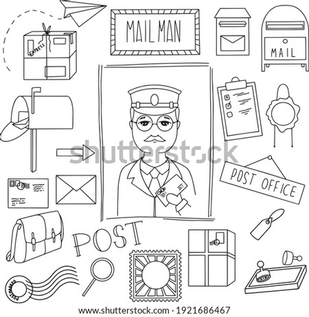 Set of mailman icons and more. Mail, letter, post, stamp, postman's bag, tag. Vector illustration depicting a postman. Editable vector icons on a white background.