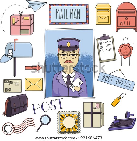 Set of mailman icons and more. Mail, post, letter, stamp, postman's bag, tag. Vector illustration depicting a postman. Editable vector icons on a white background.