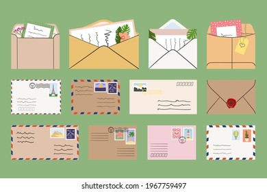 Set of mails, envelopes, letters, postcards, postage stamps. Concept of correspondence with friends and business. Top down view. Hand drawn vector illustration. 