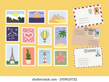 Set of mails and postage stamps with world attractions, landscapes and plants. Concept of sending letter of love and friendship. Hand drawn vector illustration. 