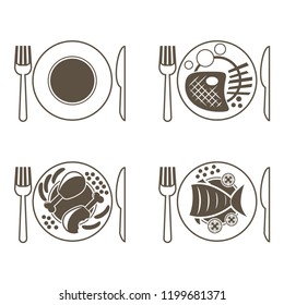 Set of main course icons for a restaurant. Fish, meat, chicken, empty plate. Vector illustration.