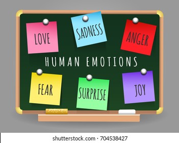 Set of main human emotion stickers on a school class board. Love. sadness, anger, joy, fear and Surprise. Vector illustration.