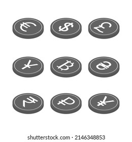 Set of main world coins. Currencies symbols in isometric style. Payments icons set. Vector illustration isolated on white.