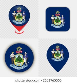 Set of Maine State Flag Icons and Map Pins.