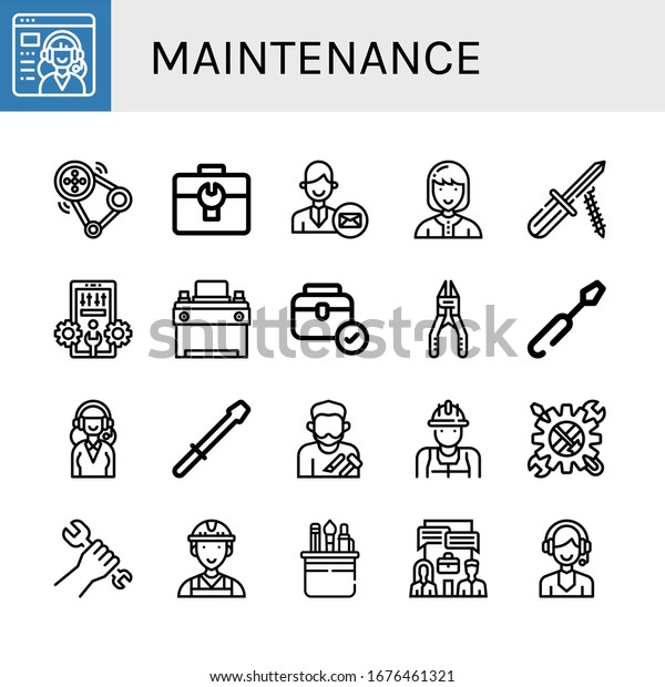 Set
of maintenance icons. Such as Service, Transmission, Toolbox,
Support services, Technician, Screwdriver, Configuration, Car
battery, Plier, Craftsman, Worker , maintenance
icons