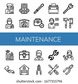 Set of maintenance icons. Such as Worker, Repairman, Configuration, Garage, Screwdriver, Toolbox, Car battery, Operator, Wrench, Tools, Lubricant, Muffler , maintenance icons