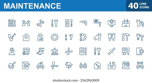 Set of Maintenance line icons. Contains related to assistance, silhouette, tools, repair, workshop, auto and more. Set of minimalist line pictogram. Vector outline icons collection.