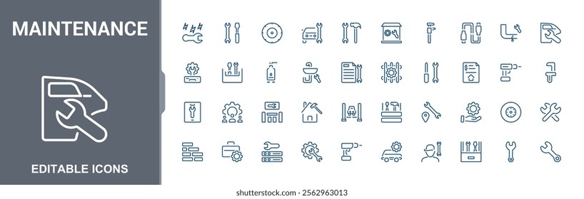 Set of Maintenance line icons. Contains related to assistance, silhouette, tools, repair, workshop, auto and more. Set of minimalist line pictogram. Vector outline icons collection.